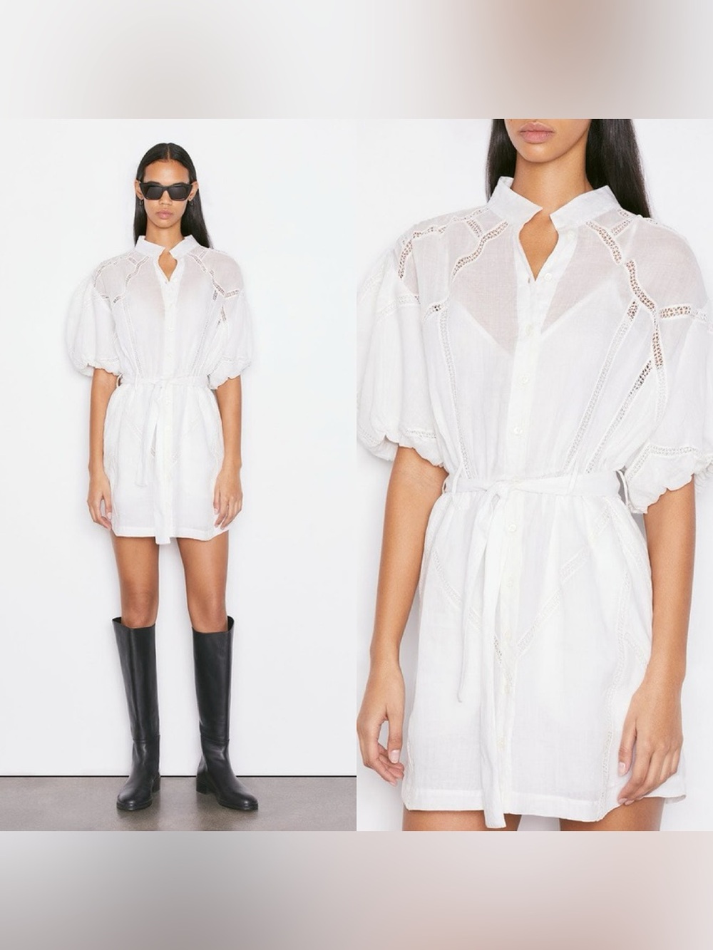 FRAME Inset Lace Puff Sleeve Dress